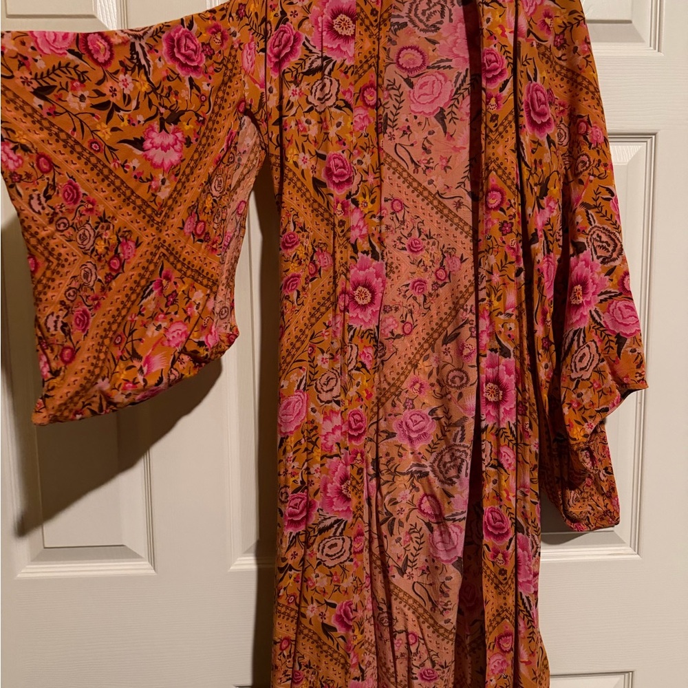 Spell Floral Maxi Kimono robe in Orange and Pink Amber Babushka  one size